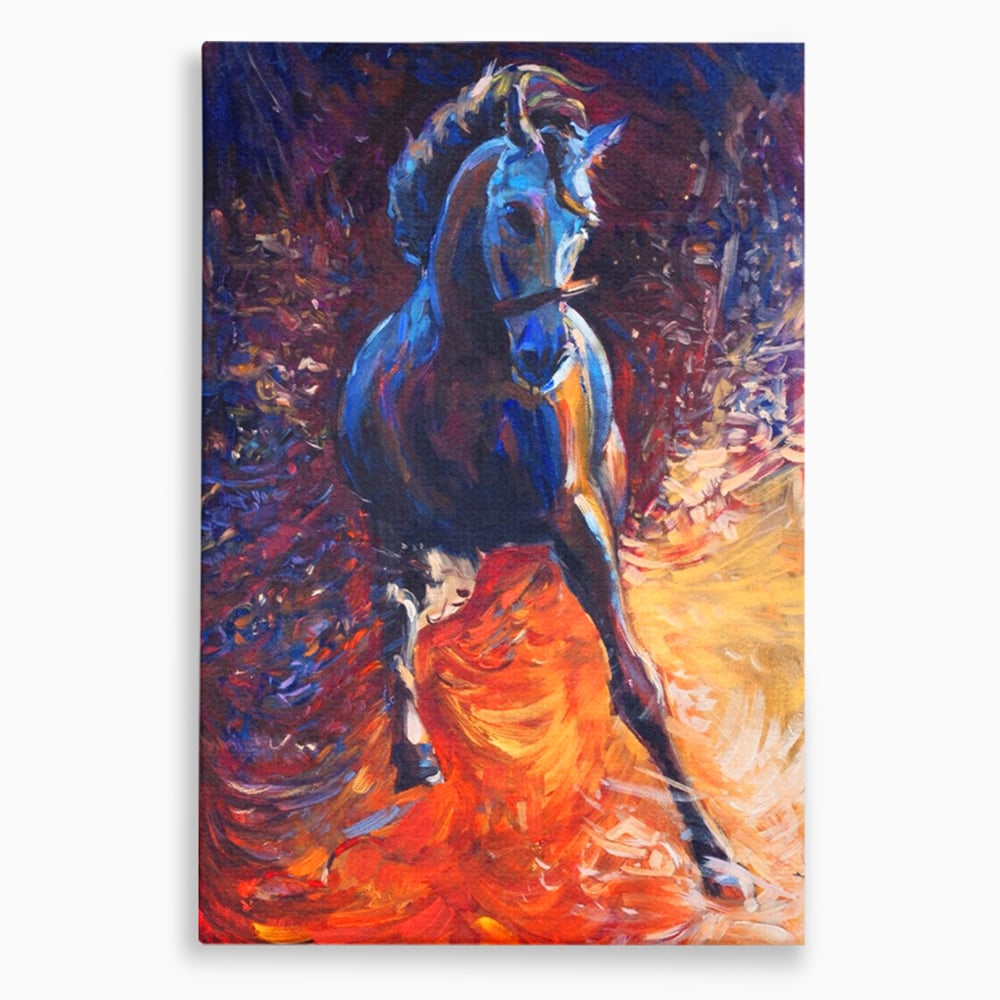 Tablou canvas cu tablou canvas cu un cal albastru in alergare, fara rama, pe sasiu de lemn